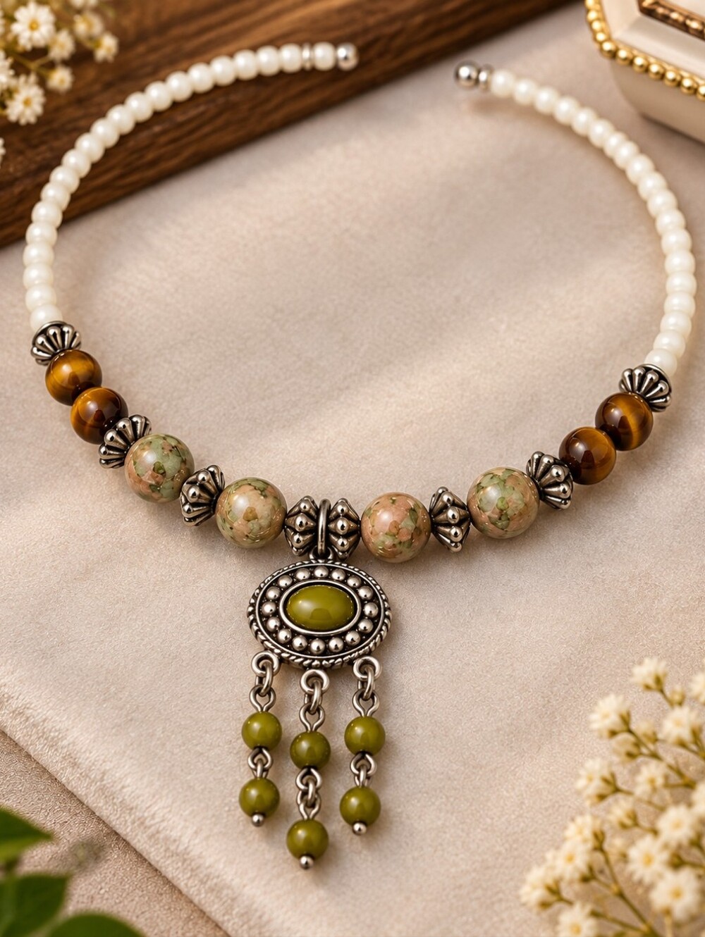 Boho Beaded Memory Wire Statement Necklace Unakite Tiger’s Eye Pendant CC